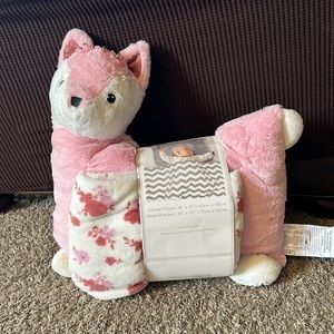 Manhattan Kids 2 pcs Pink Fox Animal Pillow Plush Floral Baby Blanket Set Flower